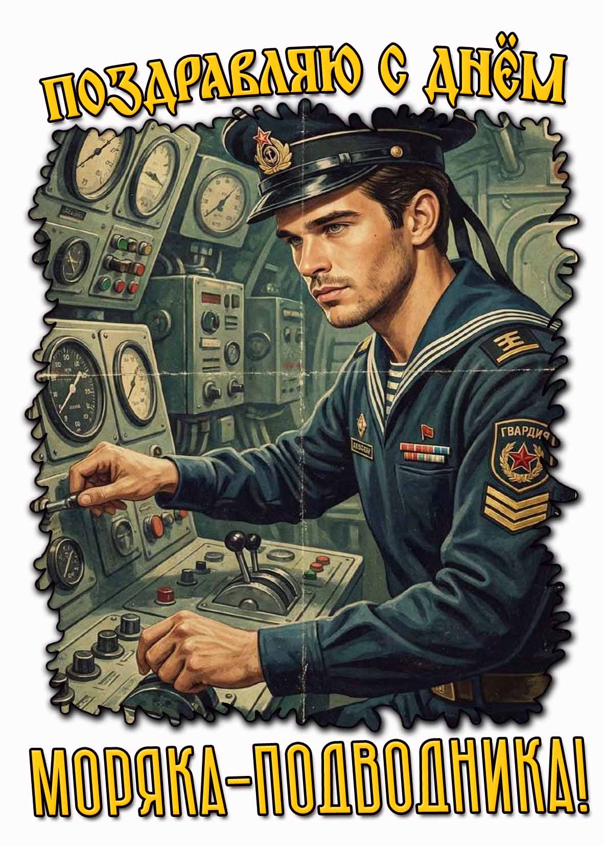 Советская открытка "Поздравляю с днём моряка подводника!"