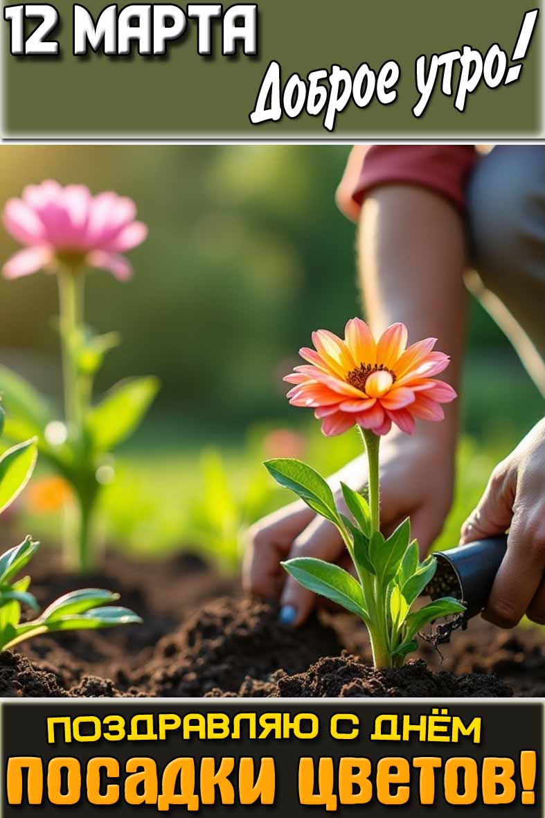 Открытка "12 марта доброе утро! Поздравляю с днём посадки цветов!"
