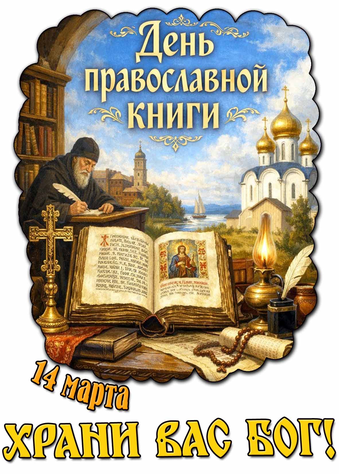 Открытка "14 марта - день православной книги! Храни Вас Бог!"