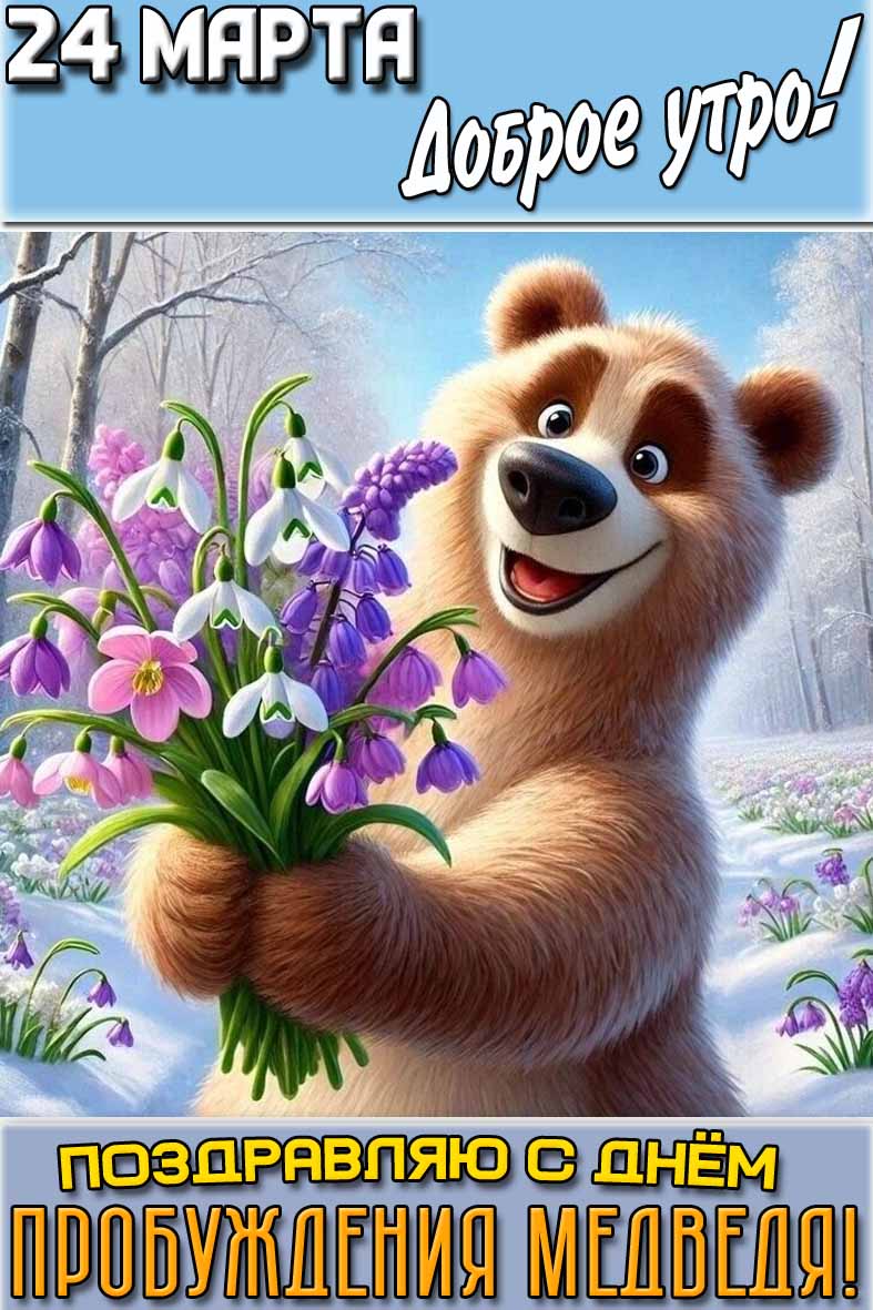 Открытка "24 марта доброе утро! Поздравляю с днём пробуждения медведя!"