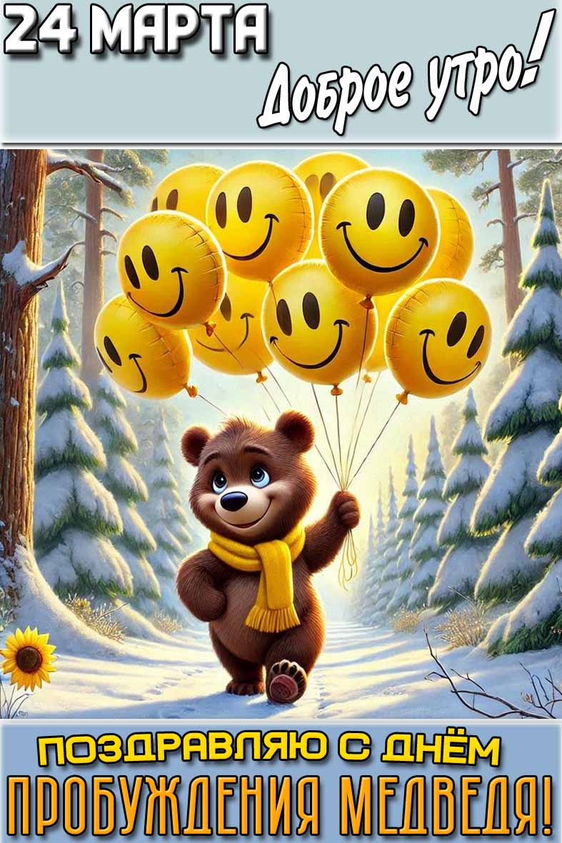 Картинка "24 марта доброе утро! Поздравляю с днём пробуждения медведя!"