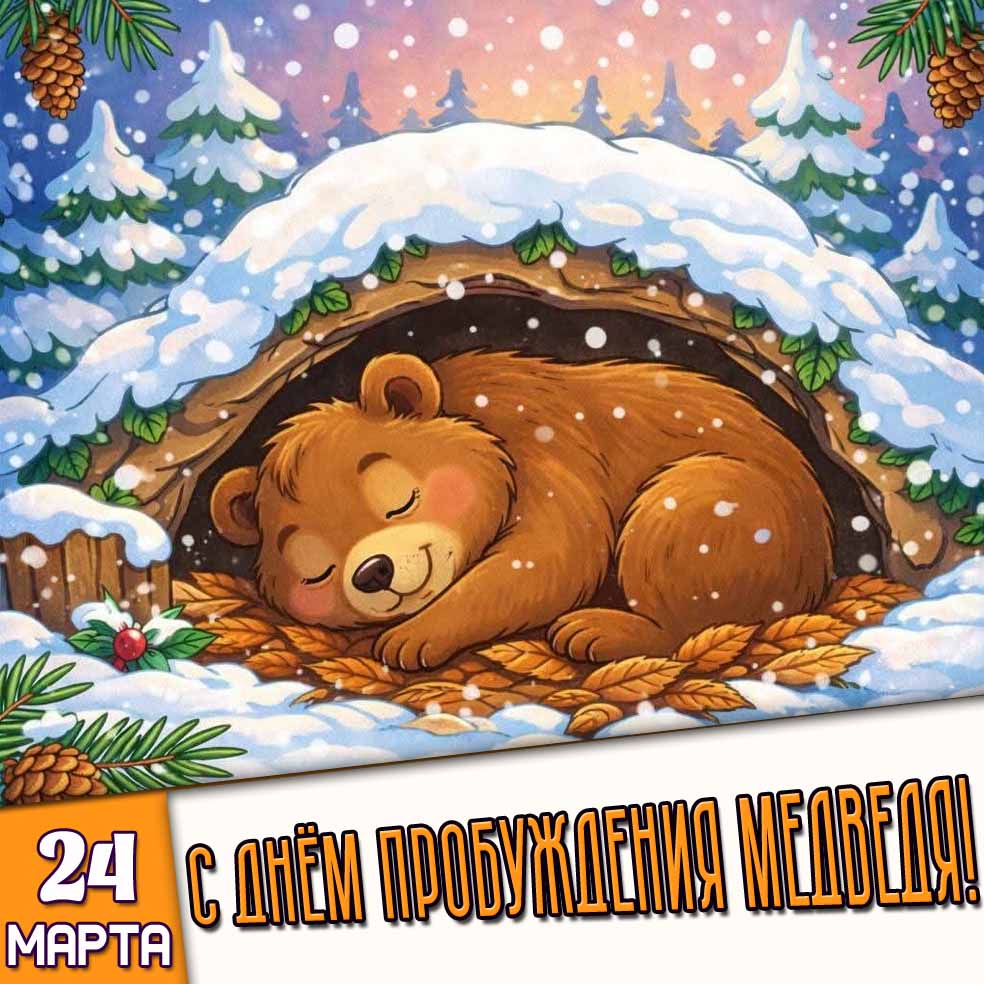 Открытка 24 марта - с днём пробуждения медведя!