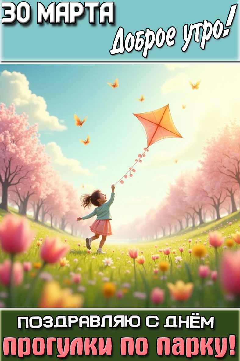 Открытка "30 марта доброе утро! Поздравляю с днём прогулки по парку!"