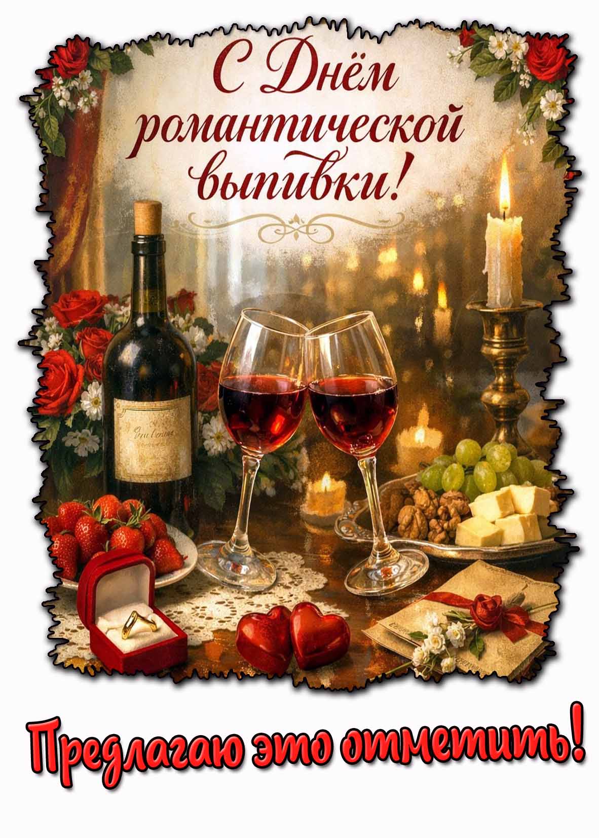 Открытка "С днём романтической выпивки! Предлагаю это отметить!"