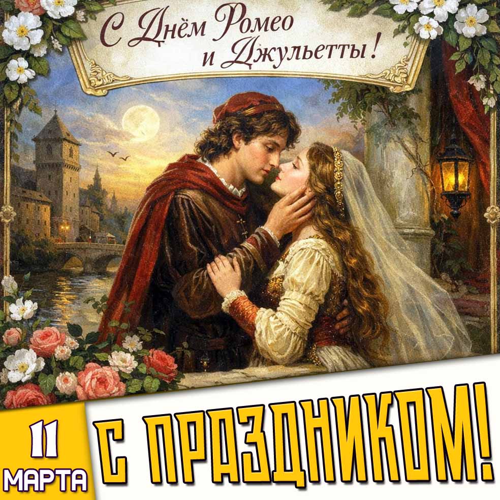Открытка "11 марта - с днём Ромео и Джульетты! С праздником!"