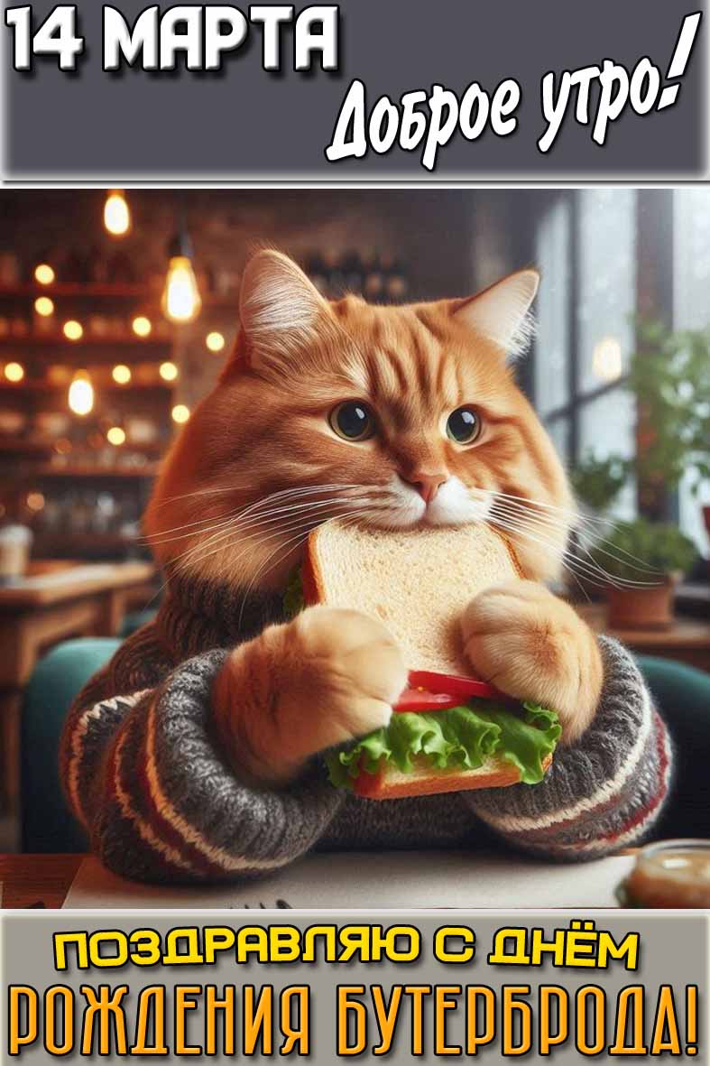 Прикольная открытка "14 марта доброе утро! Поздравляю с днём рождения бутерброда!"
