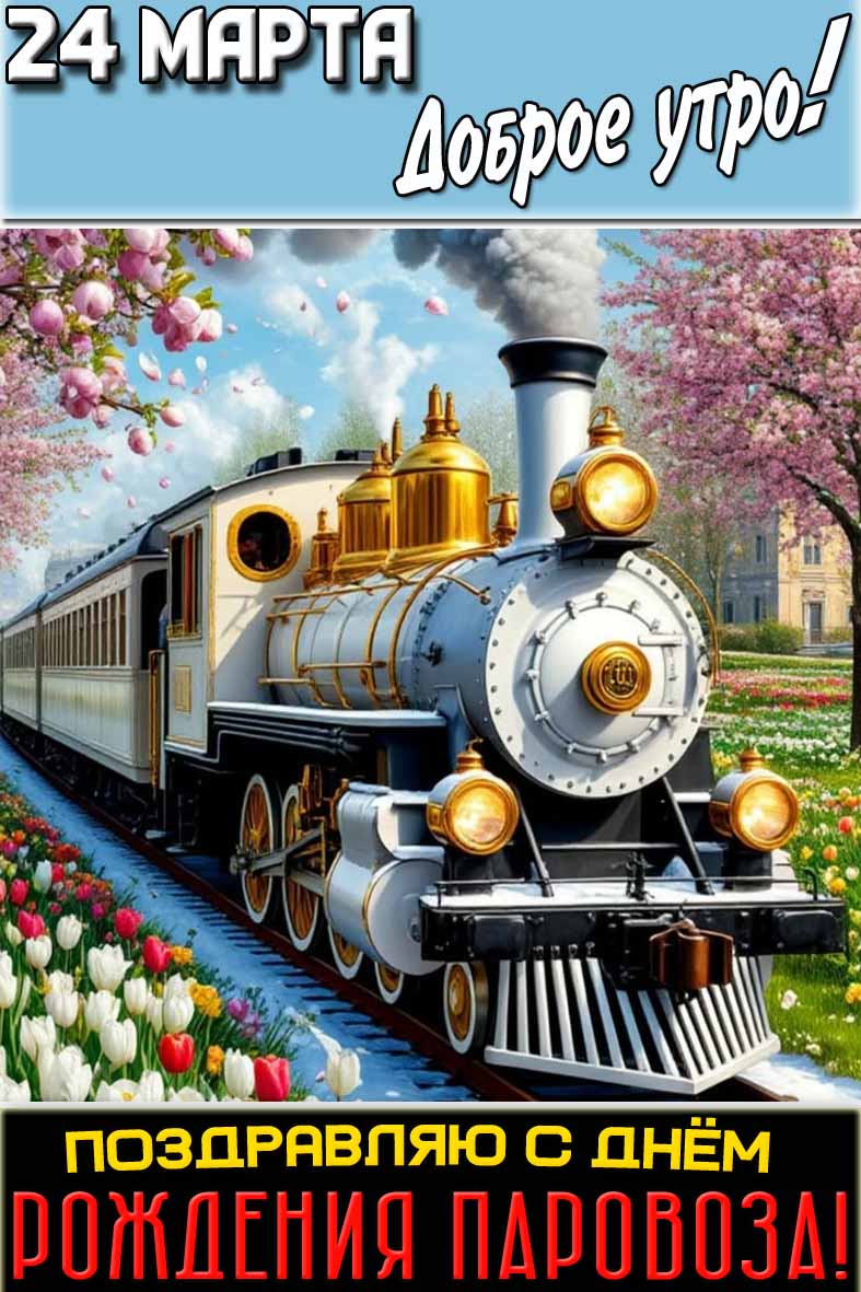 Картинка "24 марта доброе утро! Поздравляю с днём рождения паровоза!"