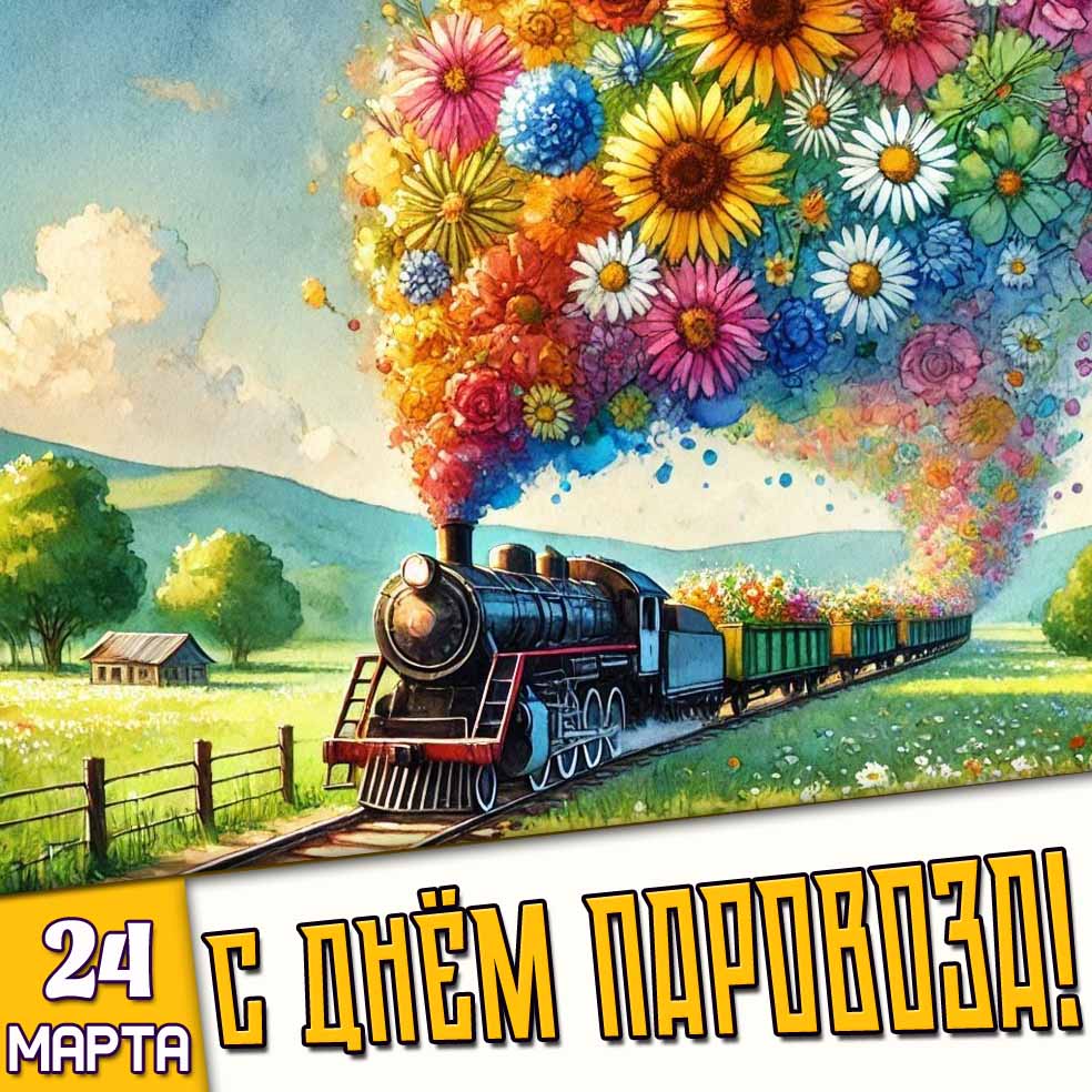 Открытка 24 марта - с днём паровоза!