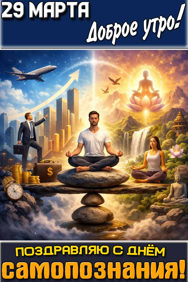 Открытка "29 марта доброе утро! Поздравляю с днём самопознания!"