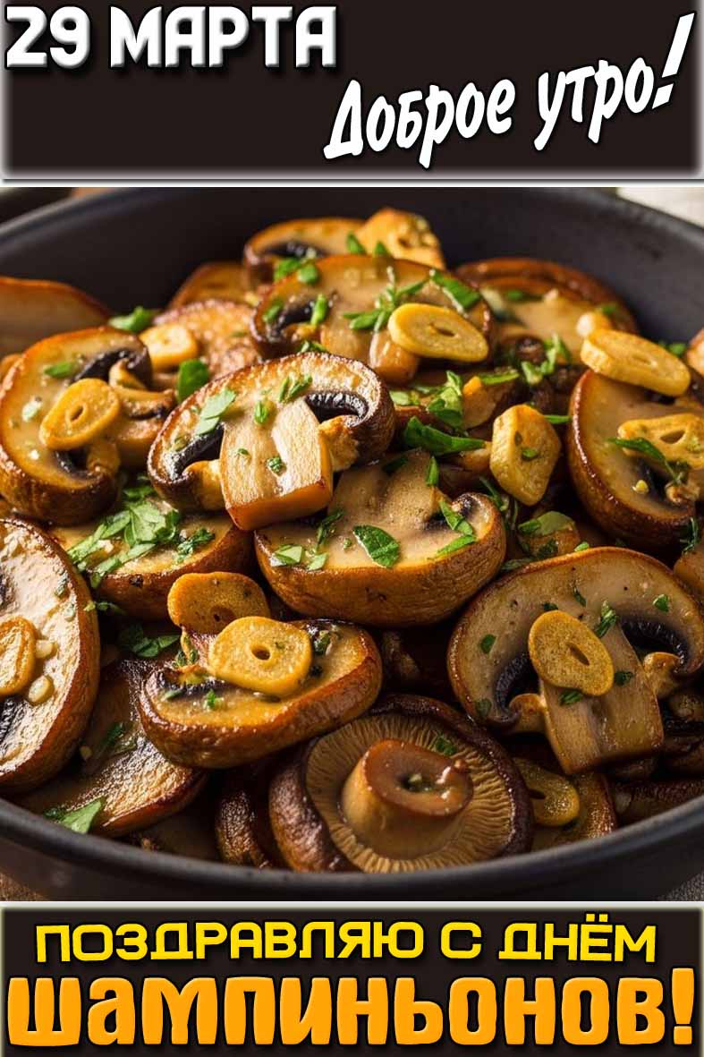 Открытка "29 марта доброе утро! Поздравляю с днём шампиньонов!"