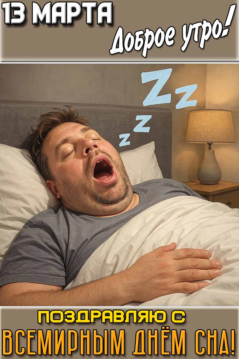 Открытка "13 марта доброе утро! Поздравляю с Всемирным днём сна!"