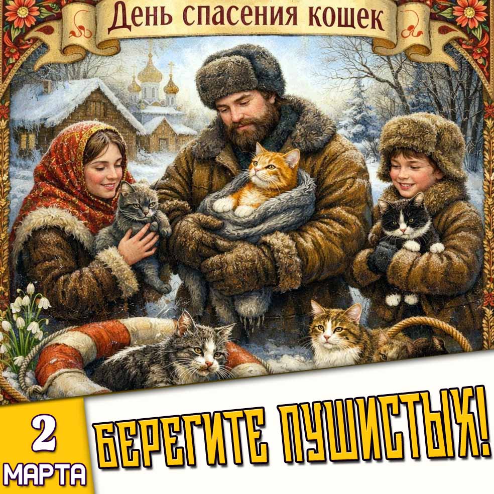 Открытка "2 марта - день спасения кошек! Берегите пушистых!"