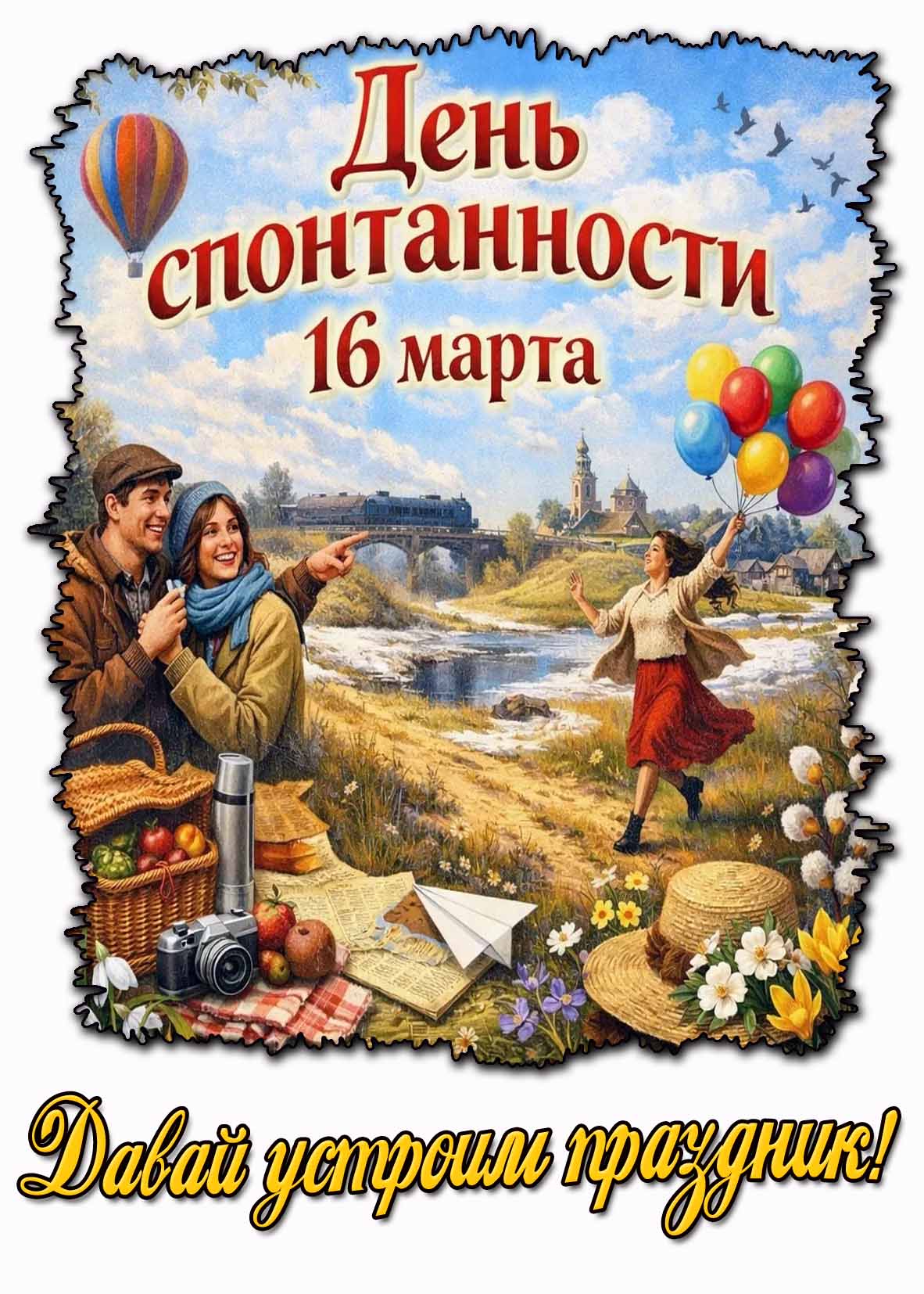 Открытка "16 марта - день спонтанности! Давай устроим праздник!"