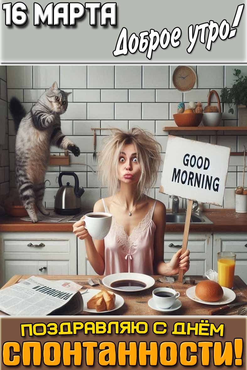 Открытка "16 марта доброе утро! Поздравляю с днём спонтанности!"