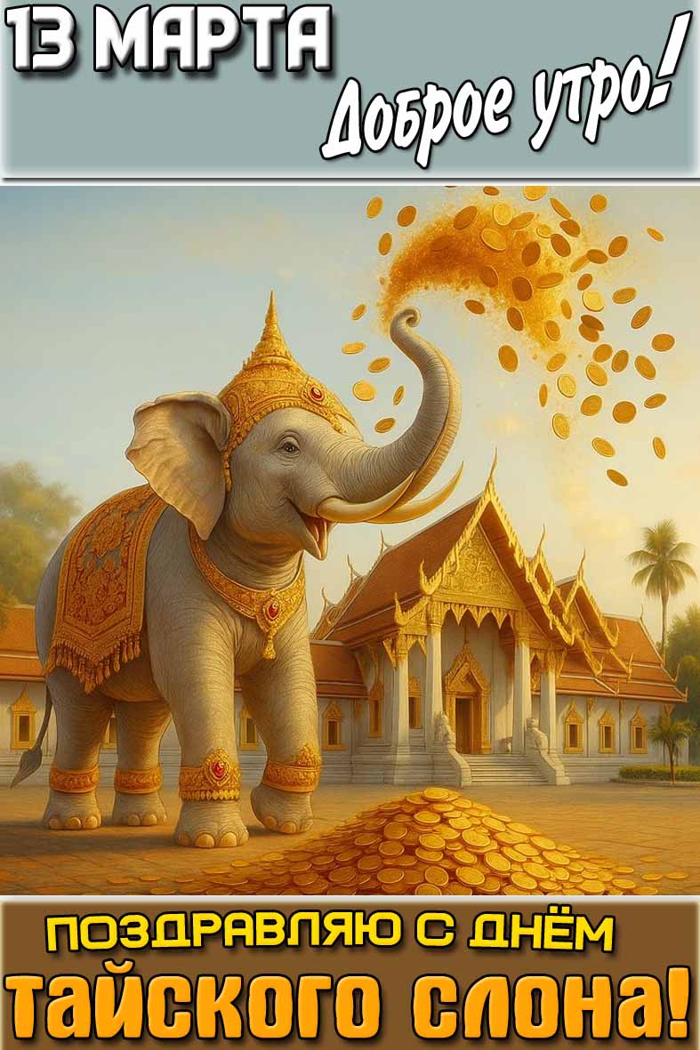 Открытка "13 марта доброе утро! Поздравляю с днём тайского слона!"
