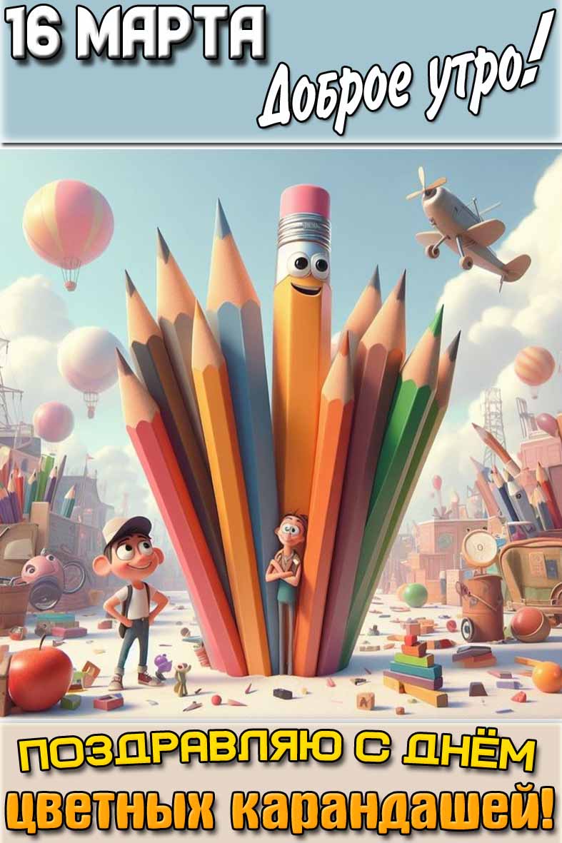Открытка "16 марта доброе утро! Поздравляю с днём цветных карандашей!"
