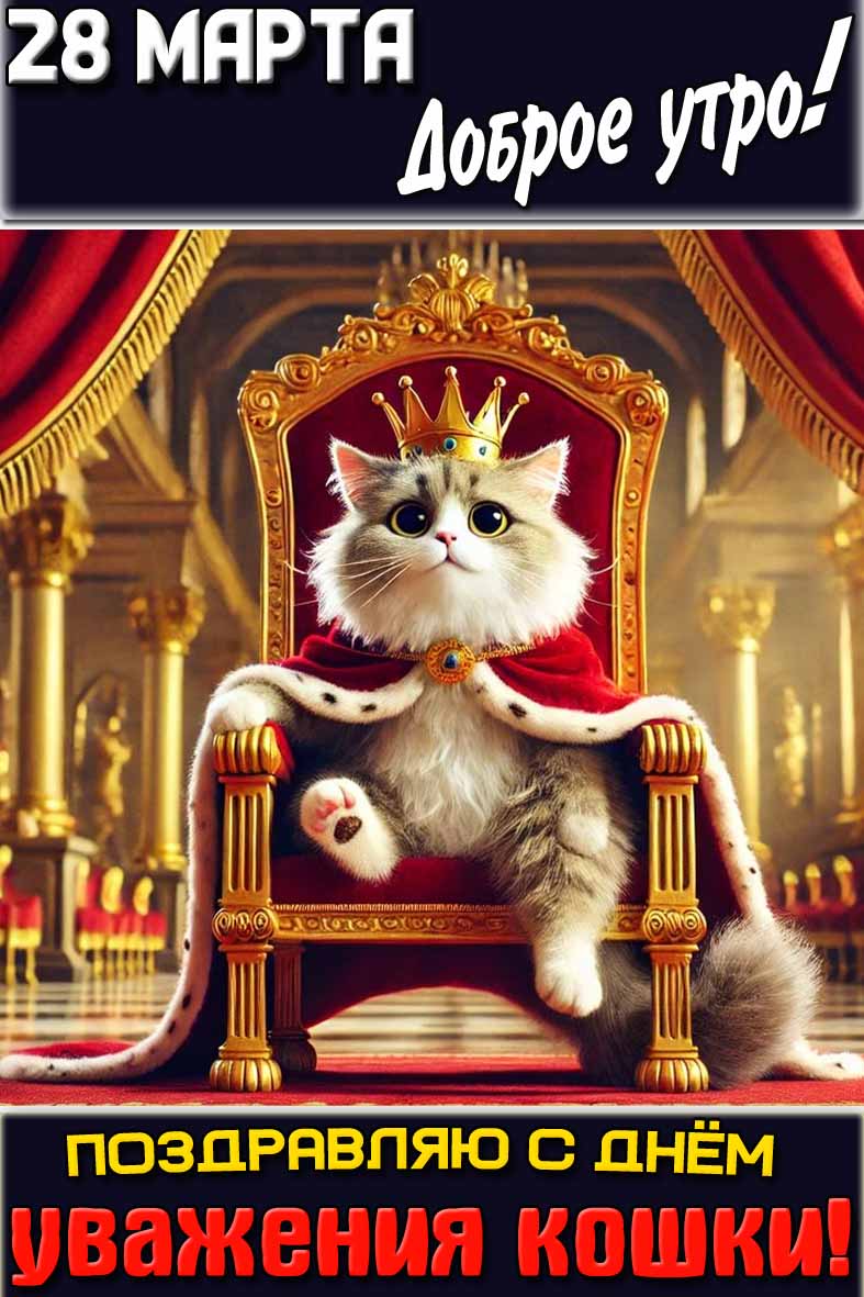 Открытка "28 марта доброе утро! Поздравляю с днём уважения кошки!"