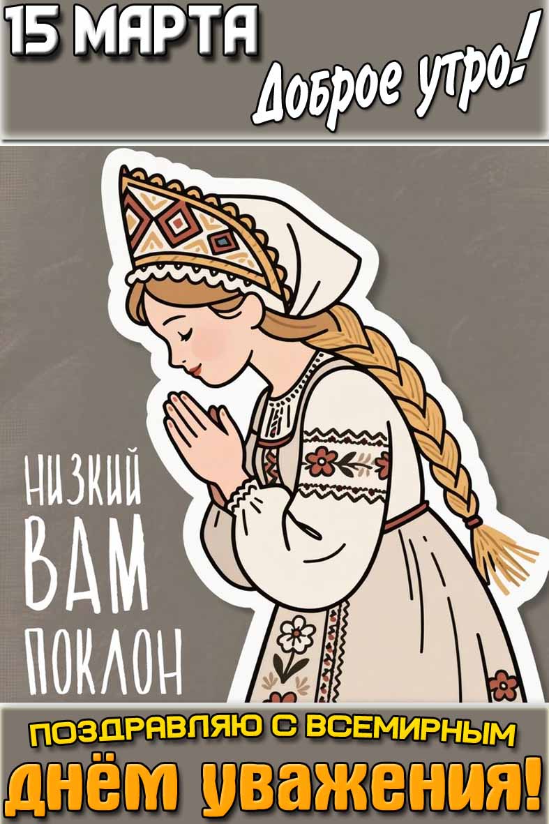 Открытка "15 марта доброе утро! Поздравляю с Всемирным днём уважения! Низкий Вам поклон!"