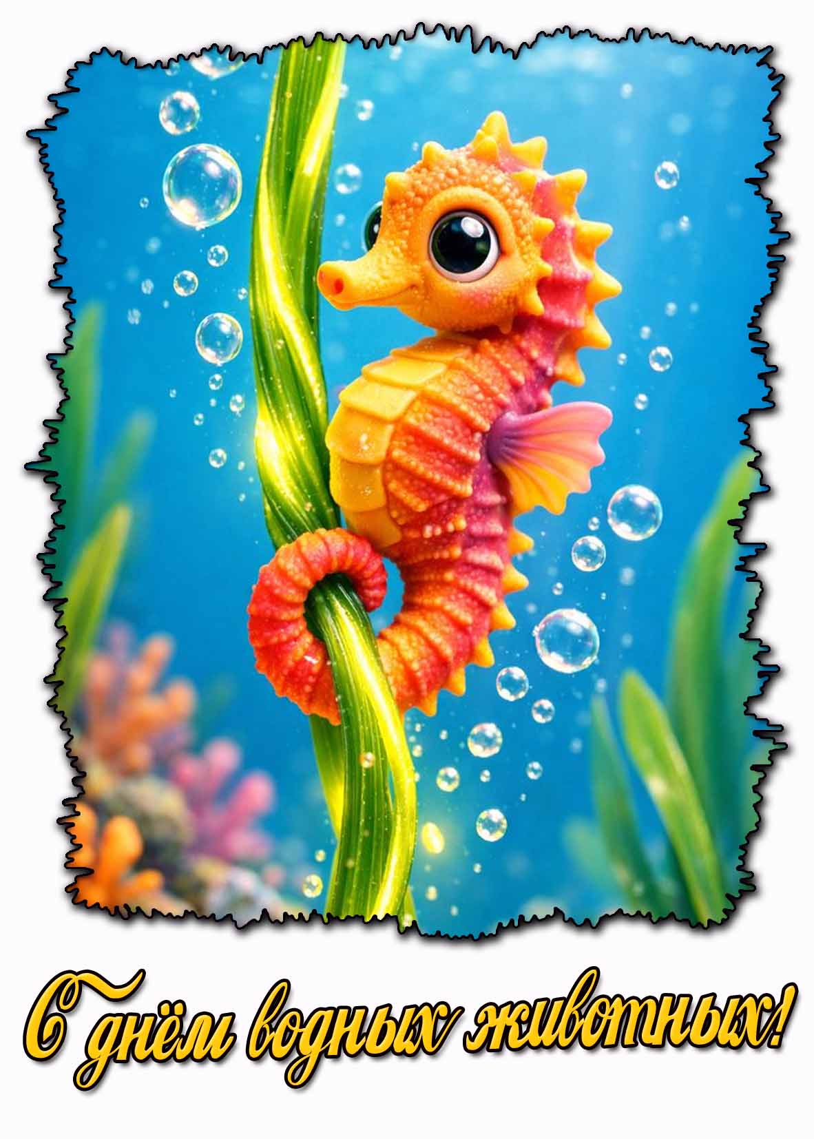 С днём водных животных! - открытка с морским коньком