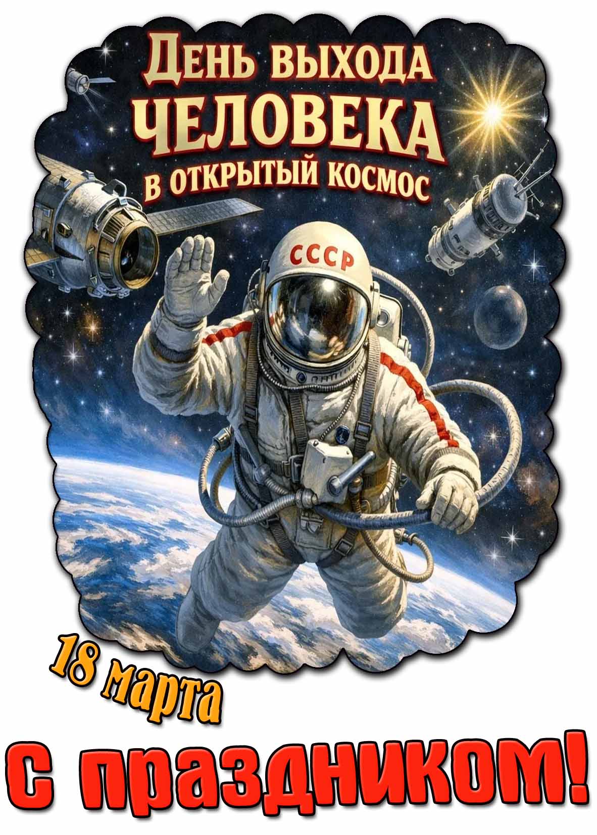 Открытка "18 марта - день выхода человека в открытый космос! С праздником!"