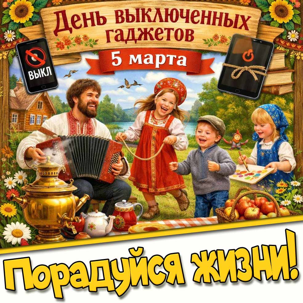 Открытка "5 марта - день выключенных гаджетов! Порадуйся жизни!"