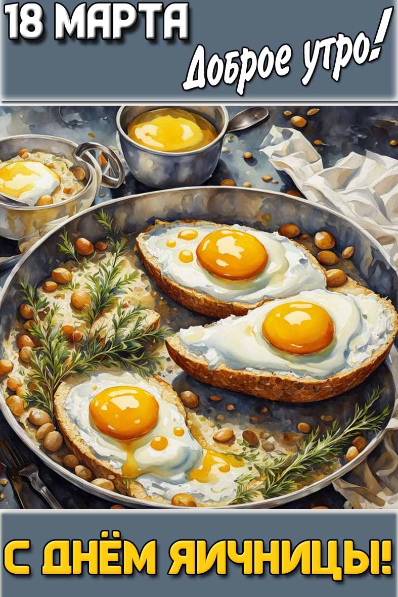 Открытка "18 марта доброе утро! С днём яичницы!"