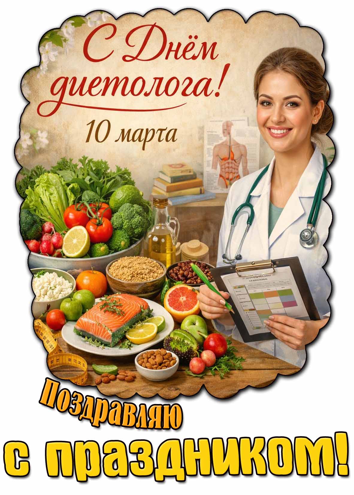 Открытка "10 марта - с днём диетолога! Поздравляю с праздником!"