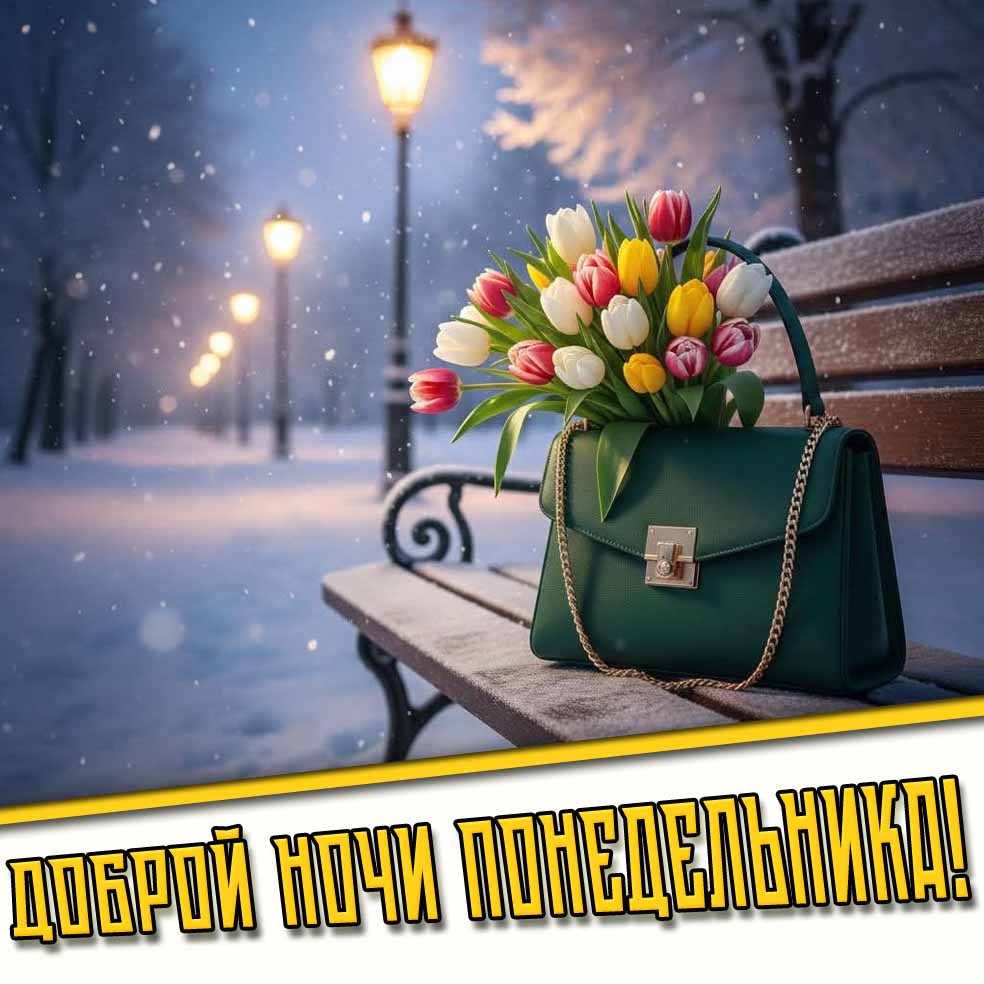 Доброй ночи понедельника! - снежная открытка с весенними тюльпанами