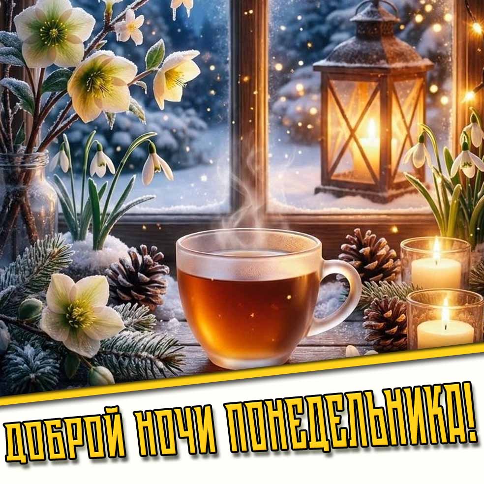 Доброй ночи понедельника! - картинка с весенними цветами на фоне снега