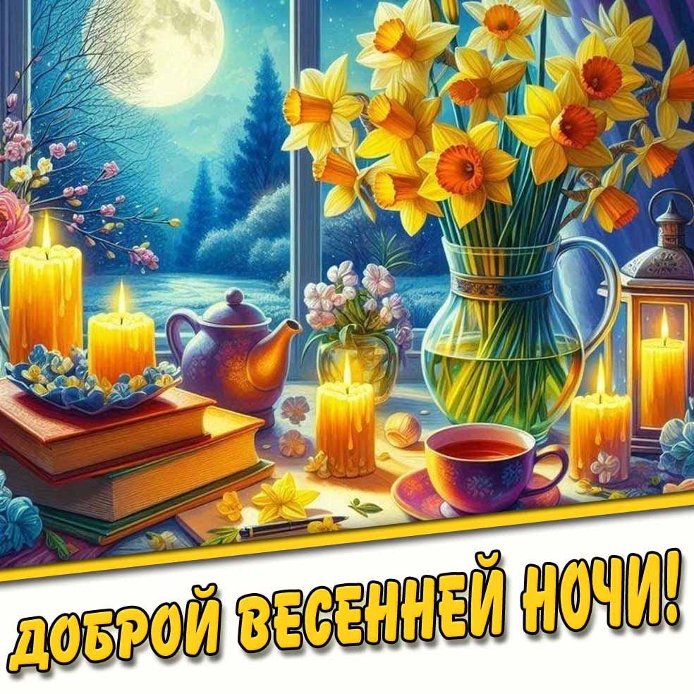 Доброй весенней ночи! - картинка со свечами и цветами