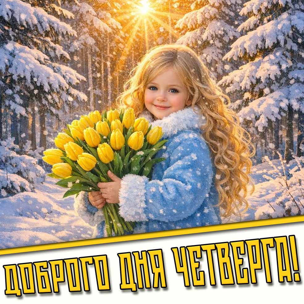 Доброго дня четверга! - детская открытка с весенними тюльпанами