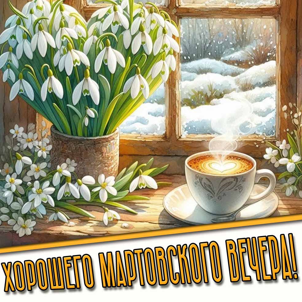 Хорошего мартовского вечера! - картинка с кофе и подснежниками