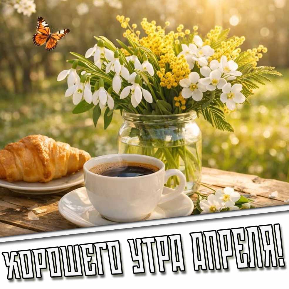 Хорошего утра апреля! - открытка с цветами и кофе