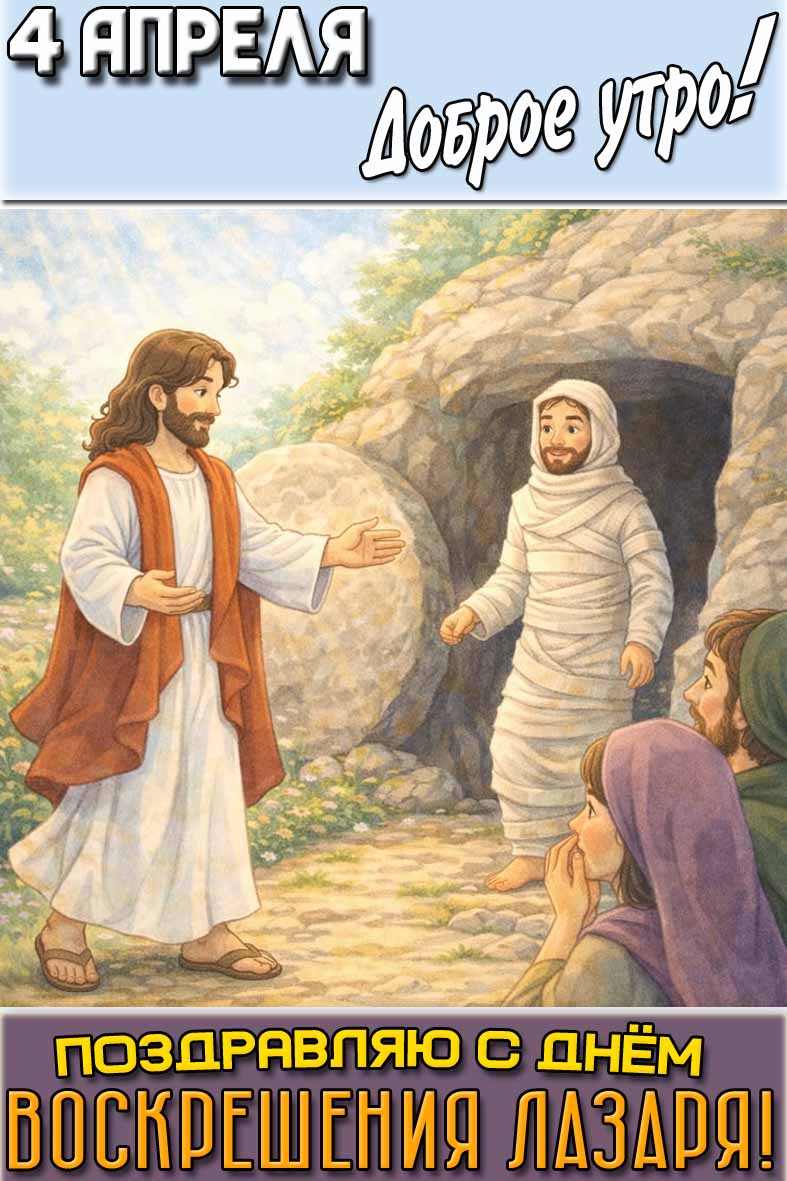 Открытка "4 апреля доброе утро! Поздравляю с днём воскрешения Лазаря!"