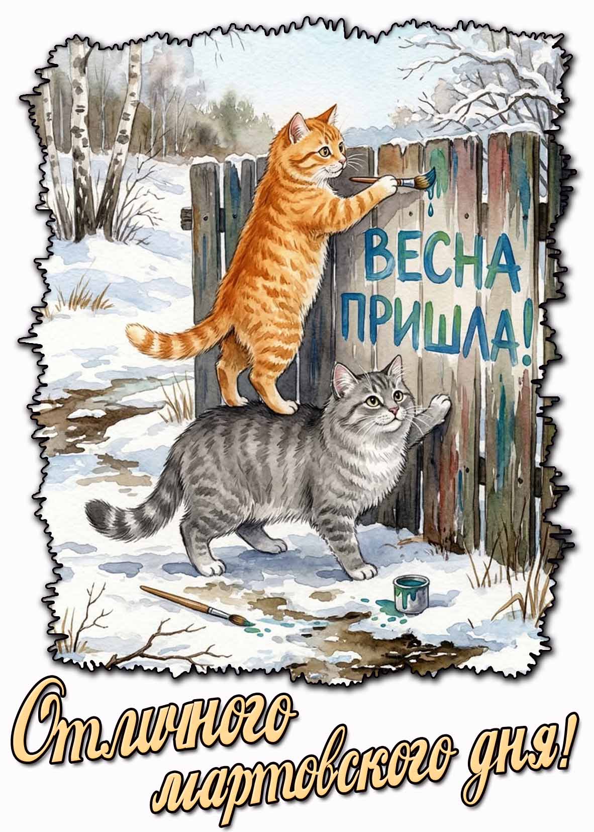 Прикольная открытка "Отличного мартовского дня! Весна пришла!"