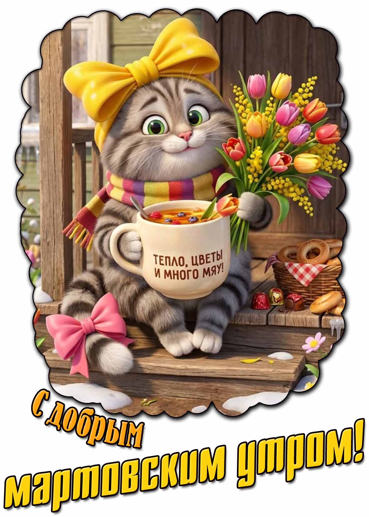 Прикольная картинка "С добрым мартовским утром! Тепло, цветы и много мяу!"