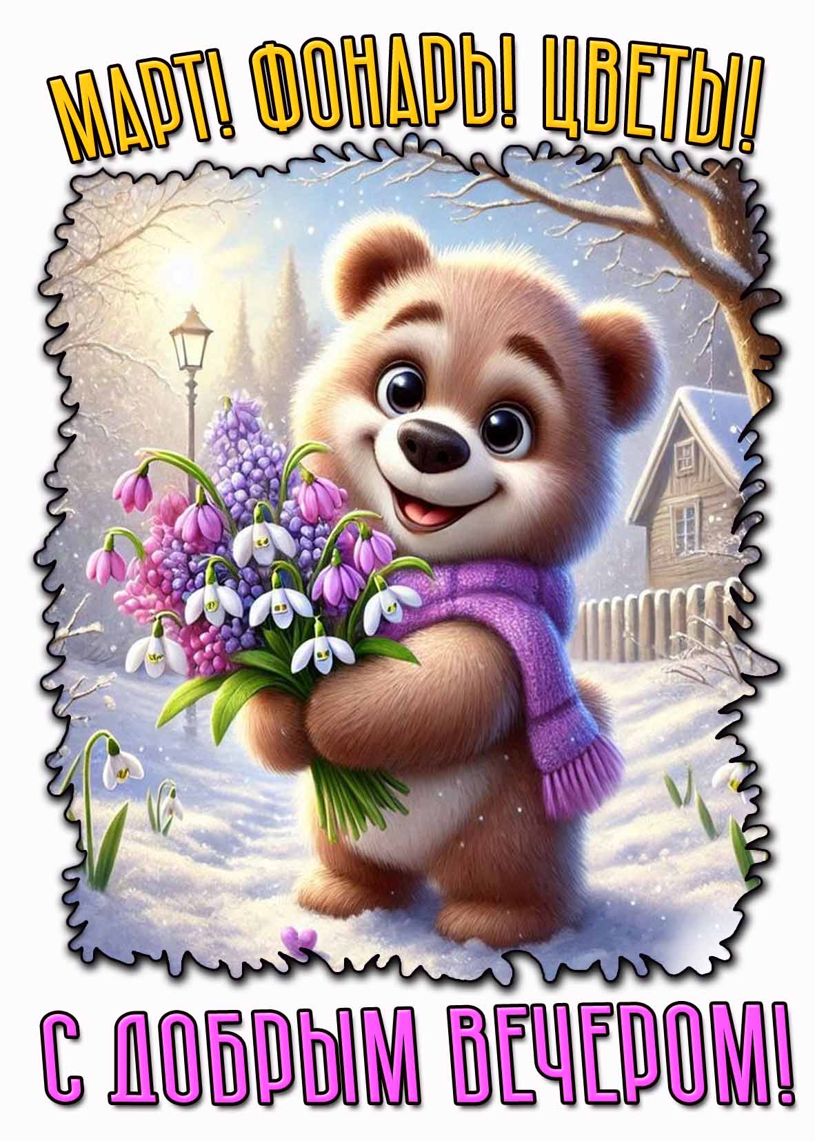 Прикольная открытка "Март! Фонарь! Цветы! С добрым вечером!"