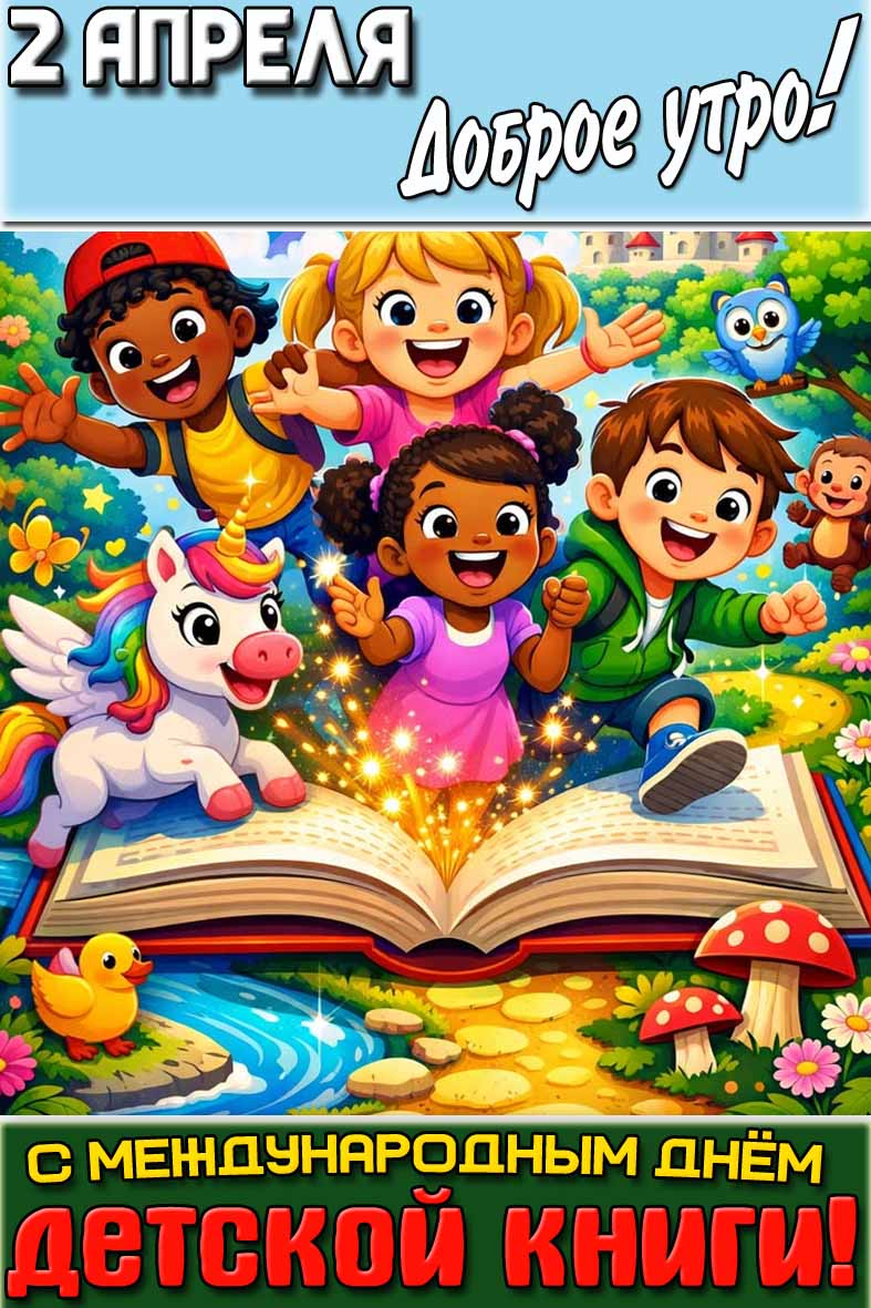 Открытка "2 апреля доброе утро! С Международным днём детской книги!"