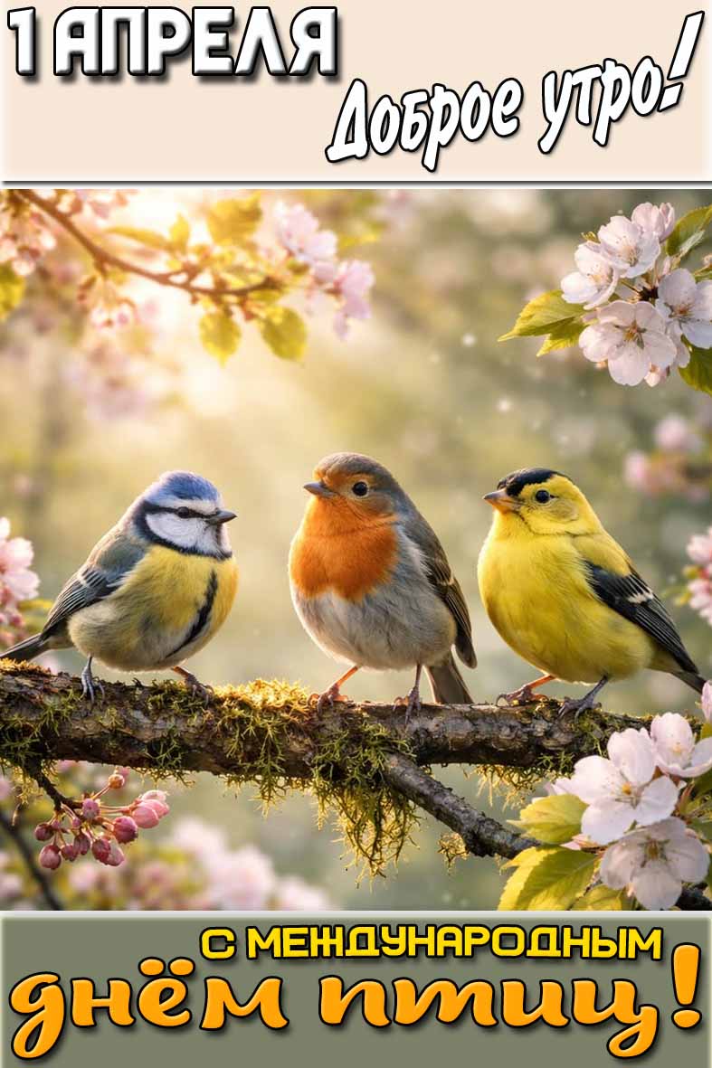 Открытка "1 апреля доброе утро! С Международным днём птиц!"