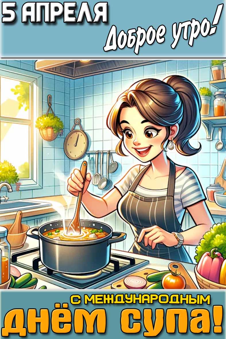 Открытка "5 апреля доброе утро! С Международным днём супа!"