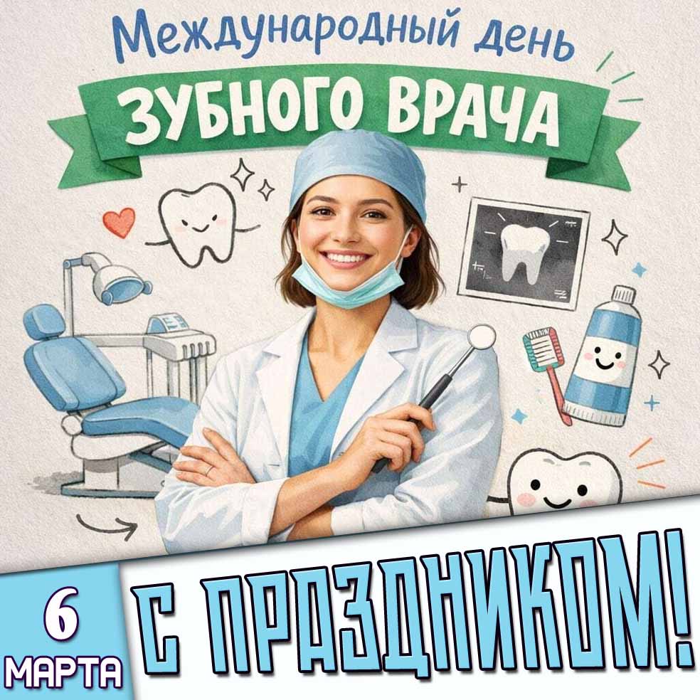 Открытка "6 марта - Международный день зубного врача! С праздником!"