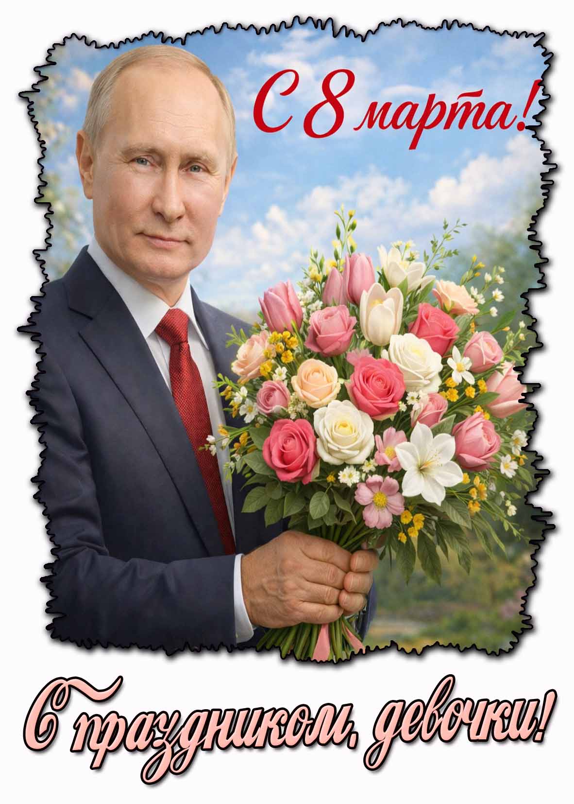 Картинка с Путиным "С 8 марта! С праздником, девочки!"
