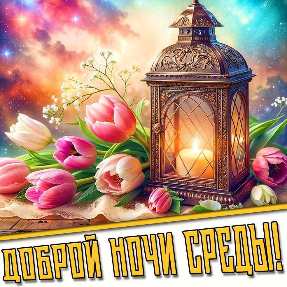 Красивая картинка со свечой и весенними тюльпанами на фоне сказочного звёздного неба, чтобы пожелать девушке : Доброй ночи среды! Доброй ночи среды! - весенняя картинка