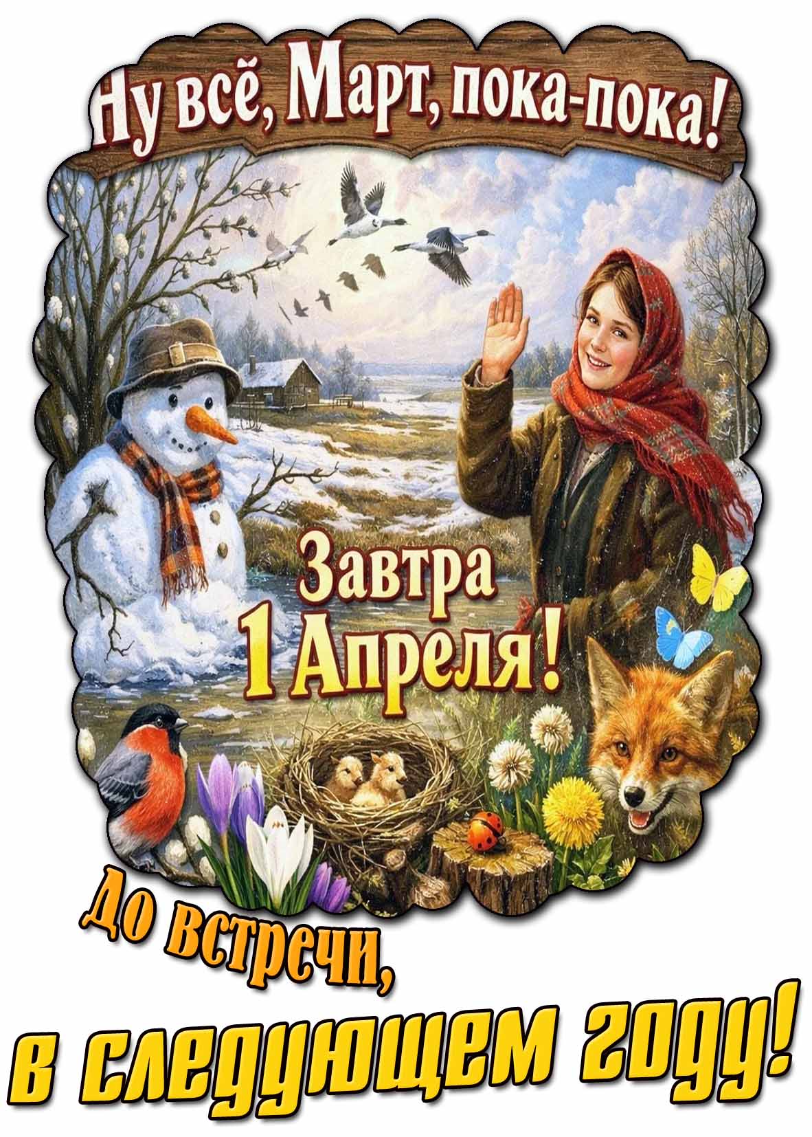 Открытка "Ну всё, Март, пока-пока! Завтра 1 апреля! До встречи, в следующем году!"