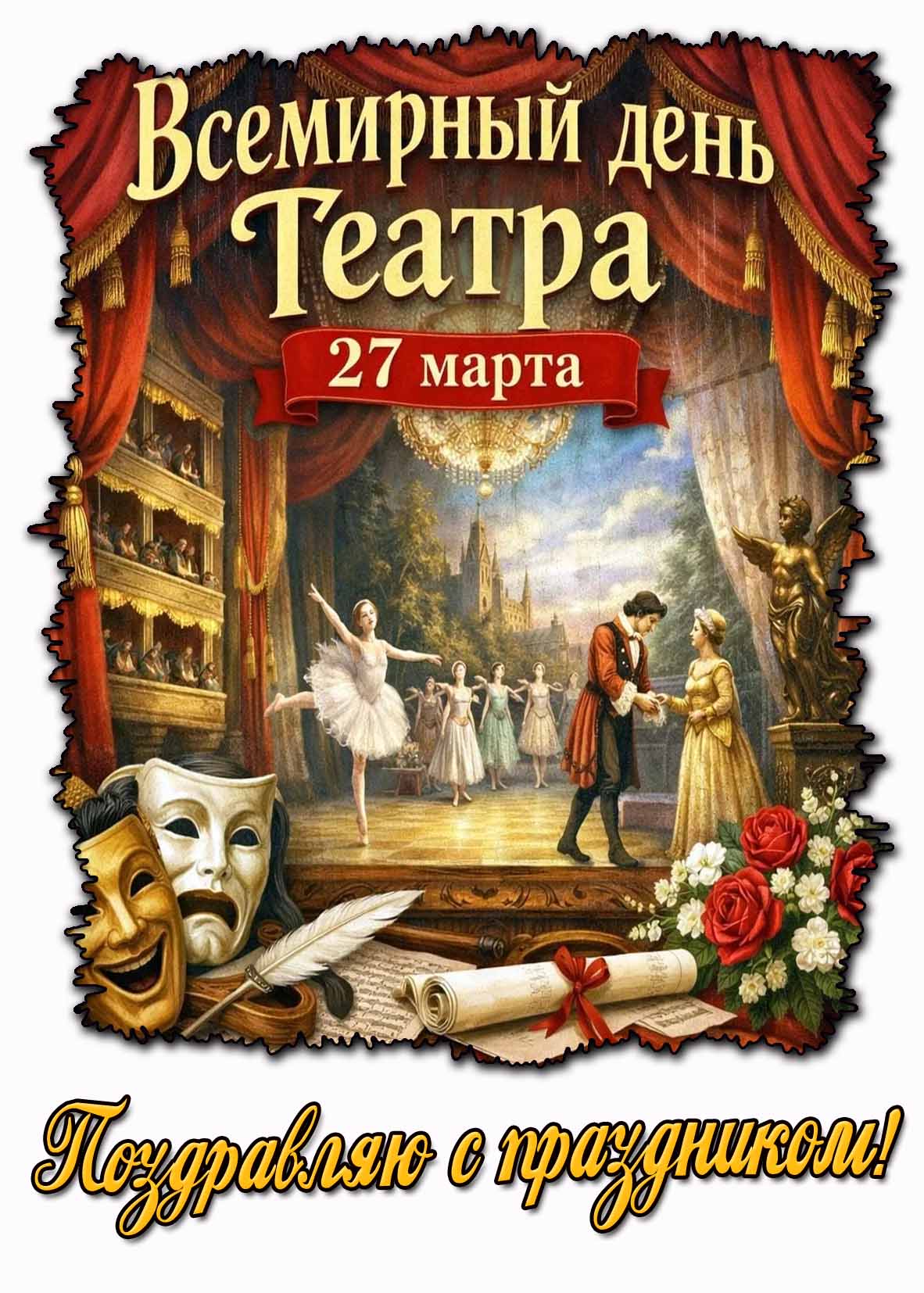 Открытка "27 марта - Всемирный день театра! Поздравляю с праздником!"