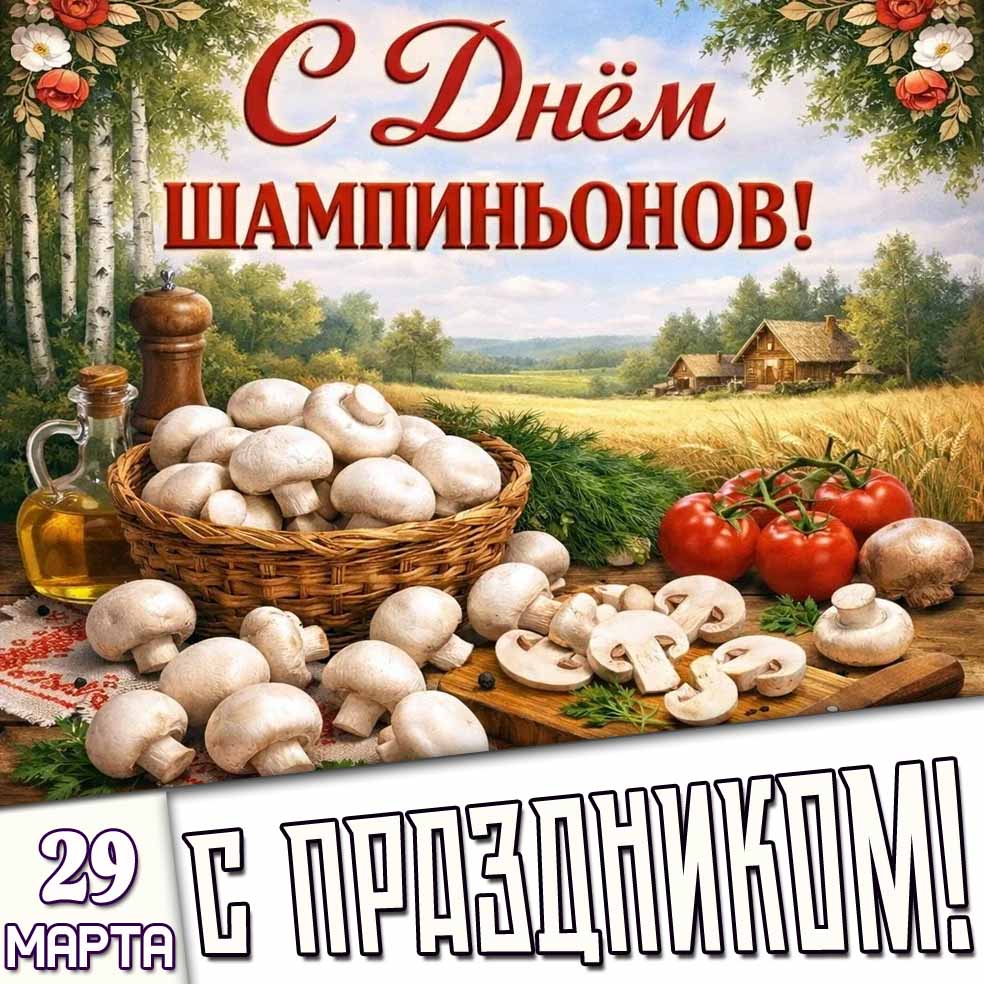 Открытка "29 марта - с днём шампиньонов! С праздником!"