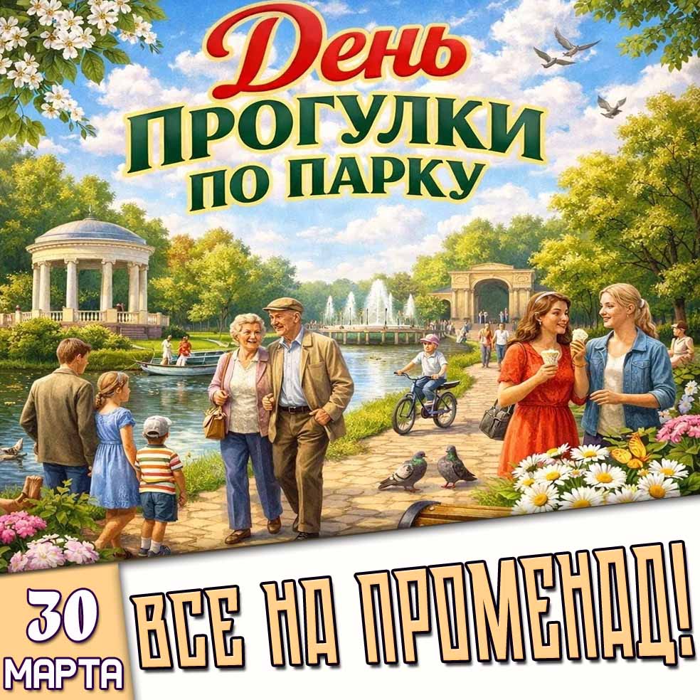 Открытка "30 марта - день прогулки по парку! Все на променад!"