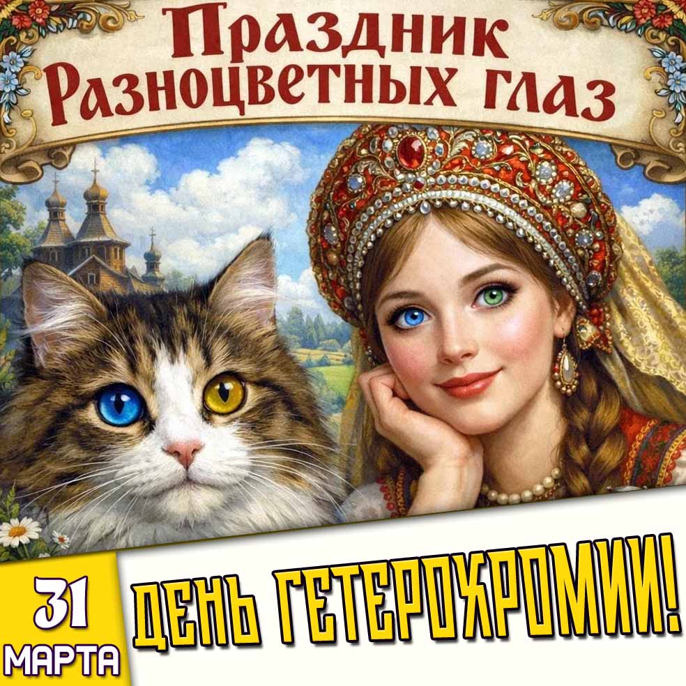 Открытка "31 марта - Праздник разноцветных глаз! День гетерохромии!"