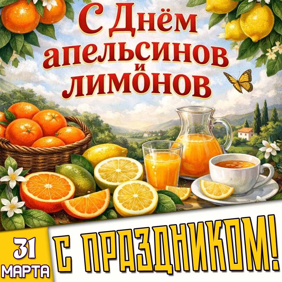 Открытка "31 марта - с днём апельсинов и лимонов! С праздником!"