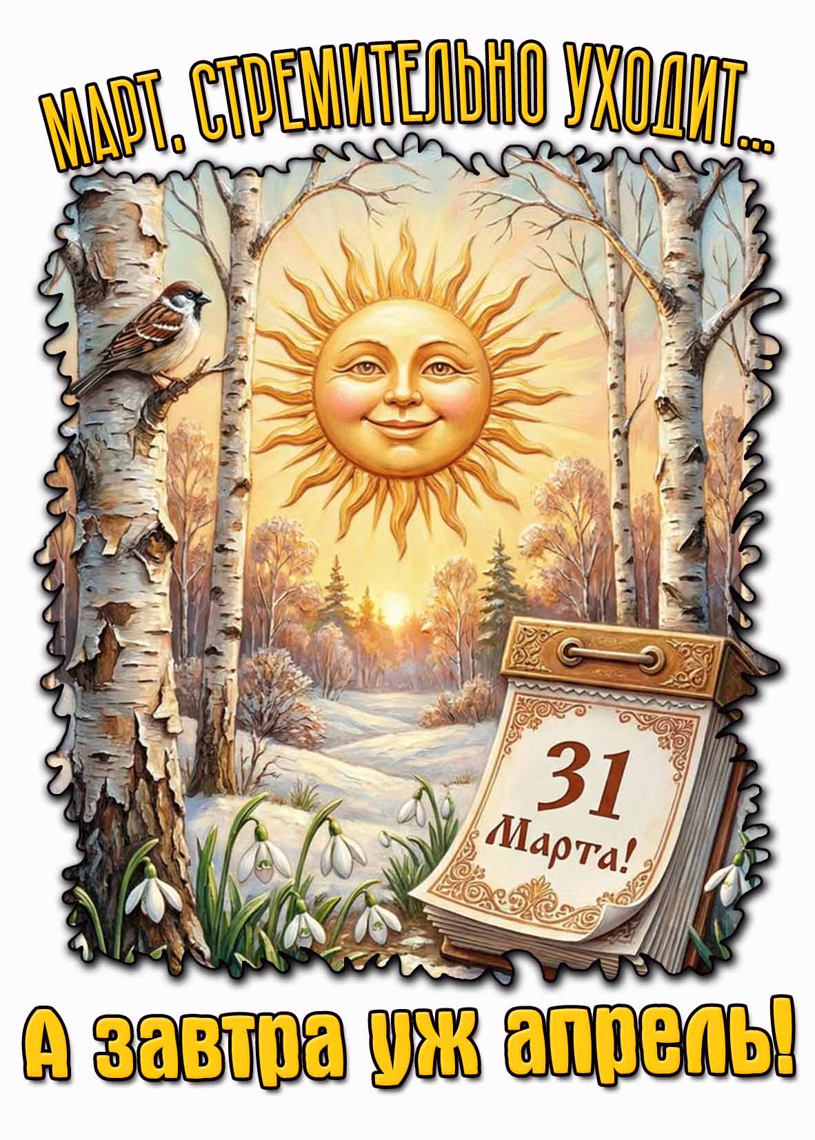 Открытка "Март, стремительно уходит... А завтра уж апрель!"